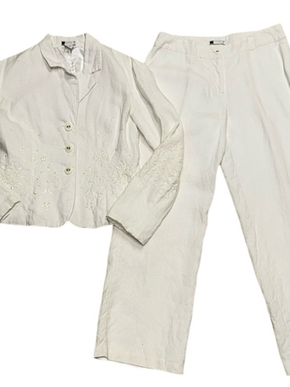 Carole Little White Linen Pantsuit Eyelet Embroidery Straight Leg Tailored Prep